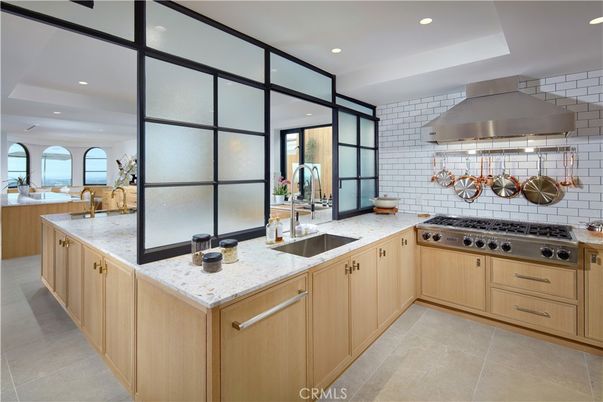 Interior, Kitchen, Recessed Lighting, Stainless Steel Appliances, Stone Walls, Water