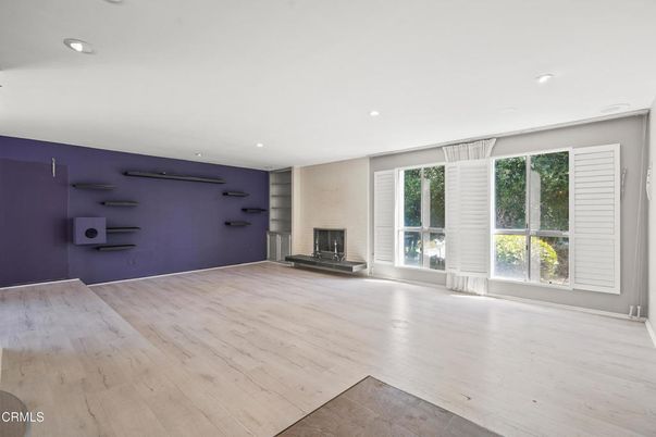 Empty room, Fireplace, Interior, Recessed Lighting, Wood Texture Flooring