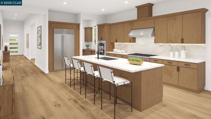 Interior, Kitchen, Marble Walls, Recessed Lighting, Wood Texture Flooring
