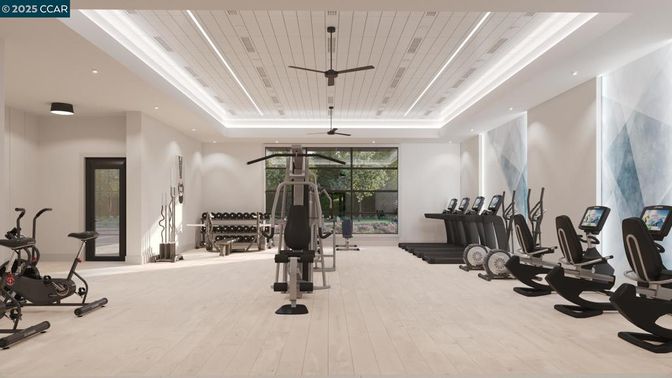 Fitness Equipment, Gym, Interior, Recessed Lighting, Wooden Ceilings, Wood Texture Flooring