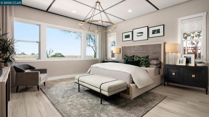 Bedroom, Interior, Pendant Lights, Recessed Lighting, Wood Texture Flooring