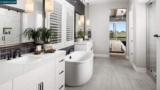 Bathroom, Dual Sink Vanities, Free Standing Baths, Interior, Pendant Lights, Wood Texture Flooring