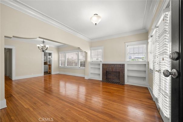Chandelier, Empty room, Fireplace, Interior, Wood Texture Flooring