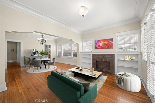 Chandelier, Dining room, Fireplace, Interior, Living room, Wood Texture Flooring