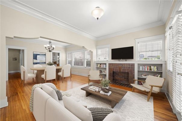 Chandelier, Dining room, Fireplace, Interior, Living room, Wood Texture Flooring