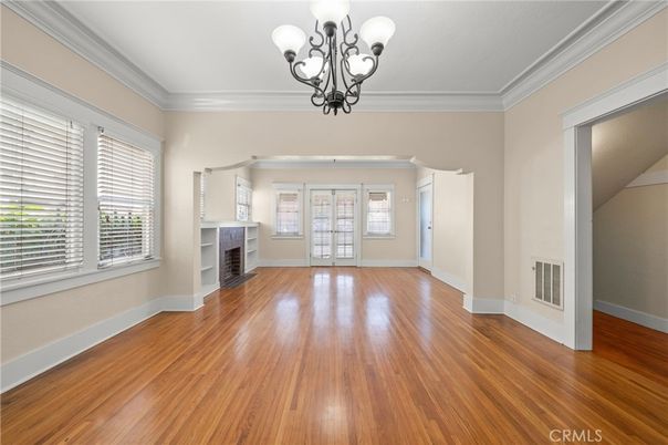 Chandelier, Empty room, Fireplace, Interior, Wood Texture Flooring