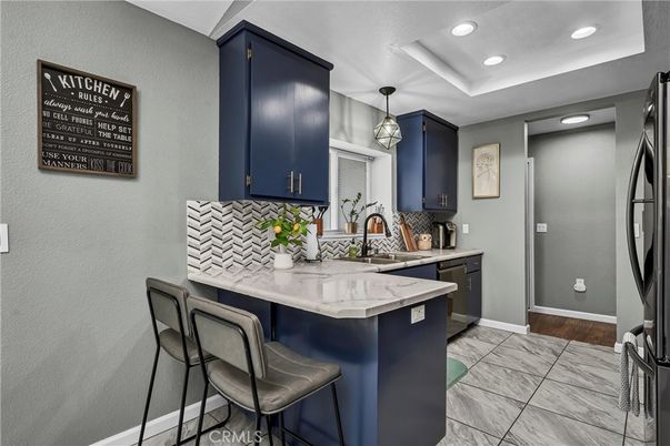 Interior, Kitchen, Marble, Pendant Lights, Recessed Lighting, Wood Texture Flooring