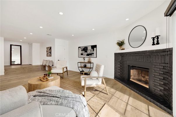 Fireplace, Interior, Living room, Recessed Lighting, Wood Texture Flooring