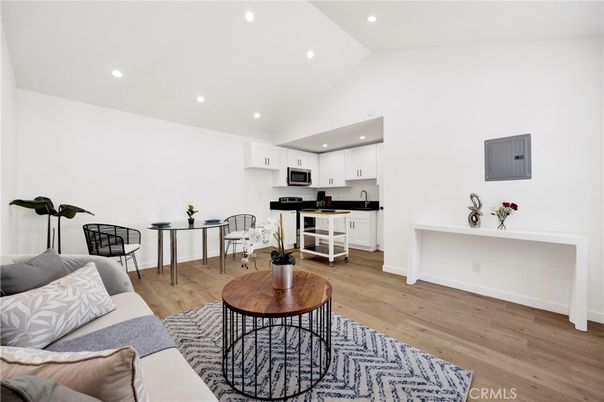Interior, Kitchen, Living room, Recessed Lighting, Stainless Steel Appliances, Wood Texture Flooring