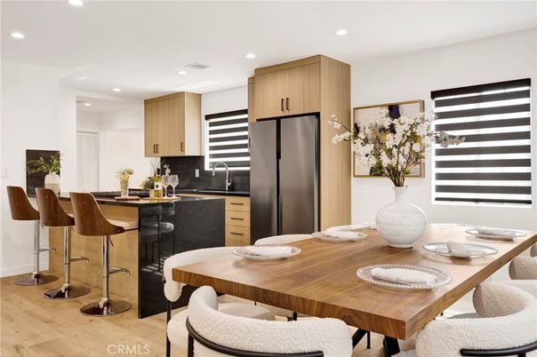 Dining room, Interior, Kitchen, Recessed Lighting, Stainless Steel Appliances, Wood Texture Flooring