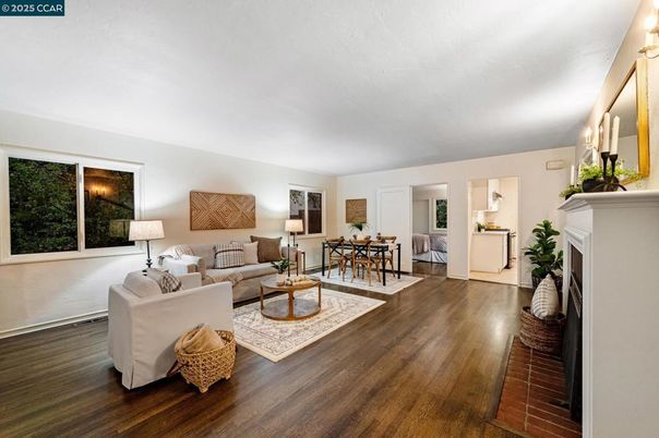Dining room, Fireplace, Interior, Living room, Wood Texture Flooring