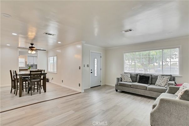 Dining room, Interior, Living room, Recessed Lighting, Wood Texture Flooring