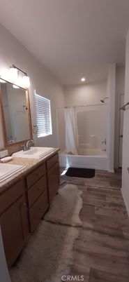 Bathroom, Dual Sink Vanities, Interior, Recessed Lighting, Wood Texture Flooring