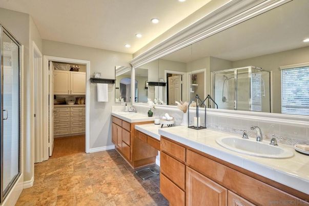 Bathroom, Dual Sink Vanities, Glass Shower, Interior, Recessed Lighting, Tile Countertops