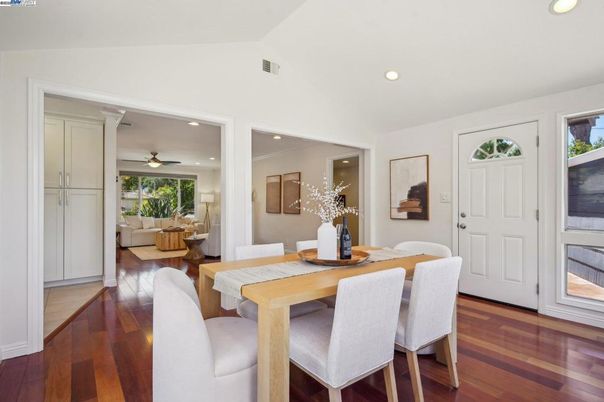 Dining room, Interior, Living room, Recessed Lighting, Wood Texture Flooring