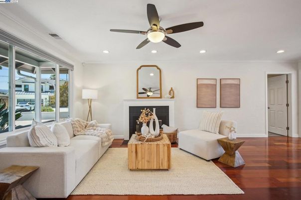 Fireplace, Interior, Living room, Recessed Lighting, Wood Texture Flooring