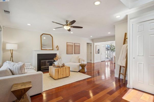 Fireplace, Interior, Living room, Recessed Lighting, Wood Texture Flooring