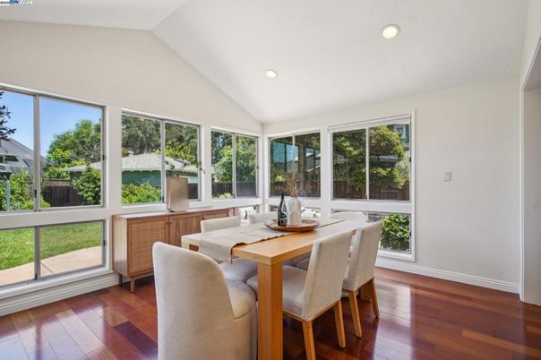 Dining room, Interior, Recessed Lighting, Wood Texture Flooring