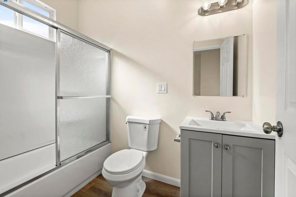 Bathroom, Glass Shower, Interior, Wood Texture Flooring