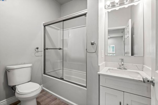 Bathroom, Glass Shower, Interior, Wood Texture Flooring