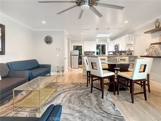 Dining room, Interior, Kitchen, Living room, Pendant Lights, Recessed Lighting, Stainless Steel Appliances, Wood Texture Flooring