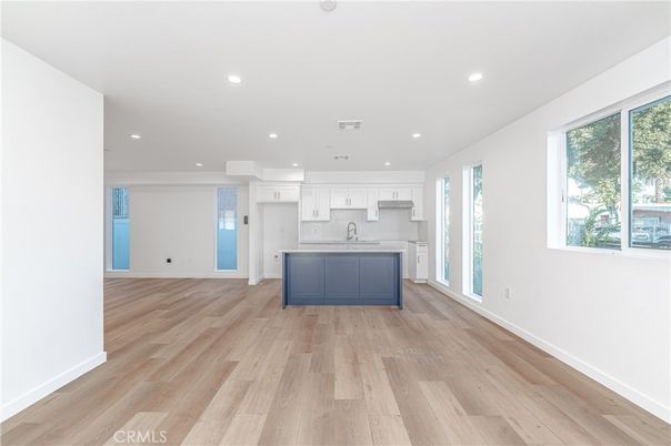 Empty room, Interior, Kitchen, Recessed Lighting, Wood Texture Flooring