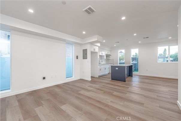 Empty room, Interior, Kitchen, Recessed Lighting, Wood Texture Flooring