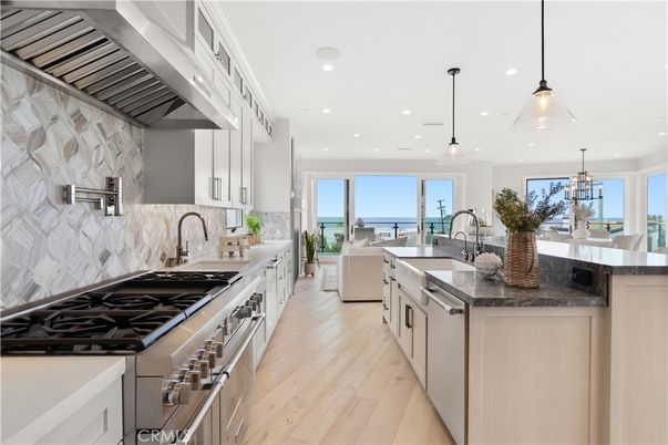 Interior, Kitchen, Pendant Lights, Recessed Lighting, Stainless Steel Appliances, Water, Wood Texture Flooring