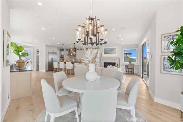 Dining room, Fireplace, Interior, Kitchen, Living room, Pendant Lights, Recessed Lighting, Wood Texture Flooring