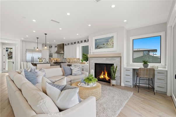 Fireplace, Interior, Kitchen, Living room, Pendant Lights, Recessed Lighting, Wood Texture Flooring