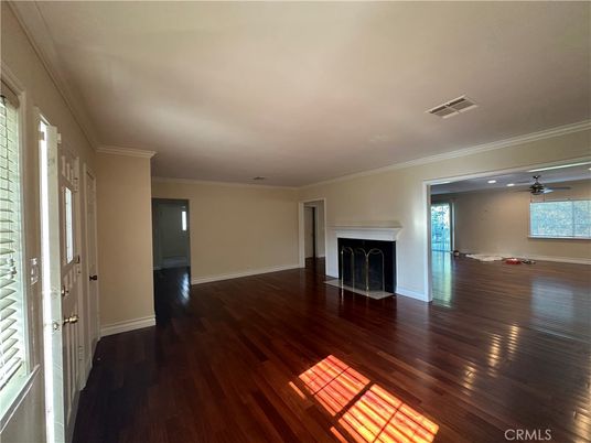 Empty room, Fireplace, Interior, Recessed Lighting, Wood Texture Flooring