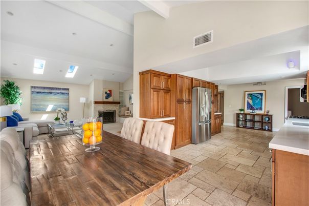 Dining room, Fireplace, Interior, Kitchen, Living room, Recessed Lighting, Stainless Steel Appliances