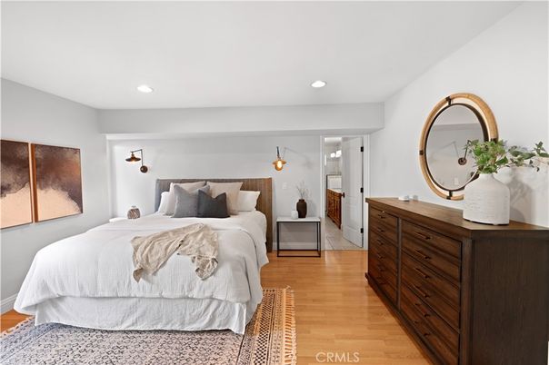 Bedroom, Interior, Recessed Lighting, Wood Texture Flooring