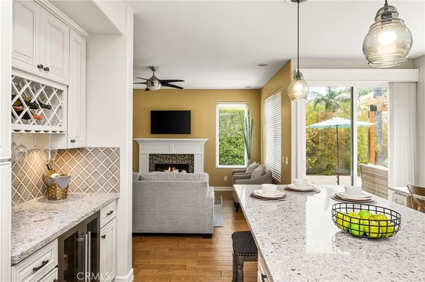 Fireplace, Interior, Kitchen, Living room, Pendant Lights, Wood Texture Flooring
