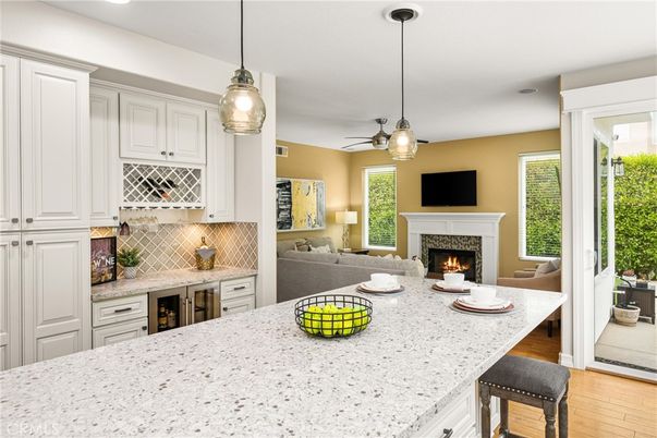Fireplace, Interior, Kitchen, Living room, Pendant Lights, Recessed Lighting, Wood Texture Flooring