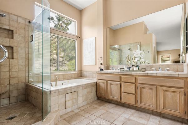 Bathroom, Dual Sink Vanities, Glass Shower, Interior, Tile Countertops