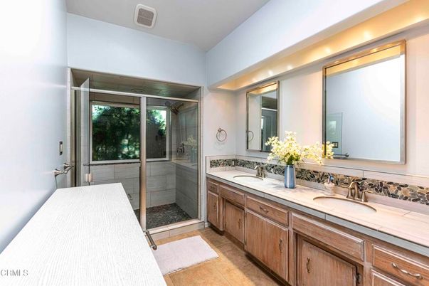 Bathroom, Dual Sink Vanities, Glass Shower, Interior, Tile Countertops