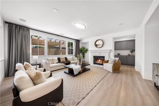 Fireplace, Interior, Living room, Recessed Lighting, Wood Texture Flooring