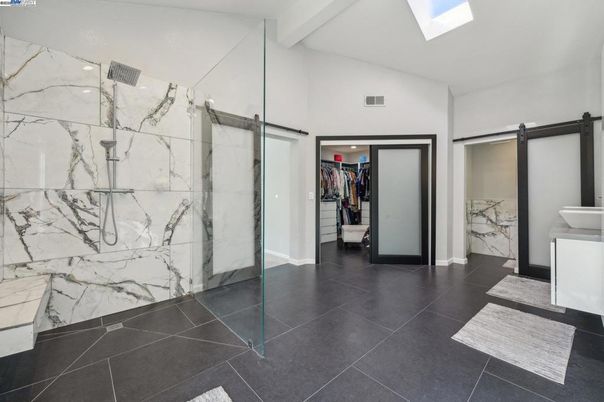 Bathroom, Glass Shower, Interior, Marble Walls, Recessed Lighting