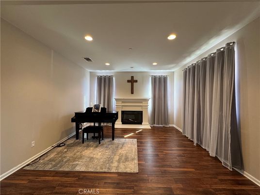 Fireplace, Interior, Piano, Recessed Lighting, Wood Texture Flooring
