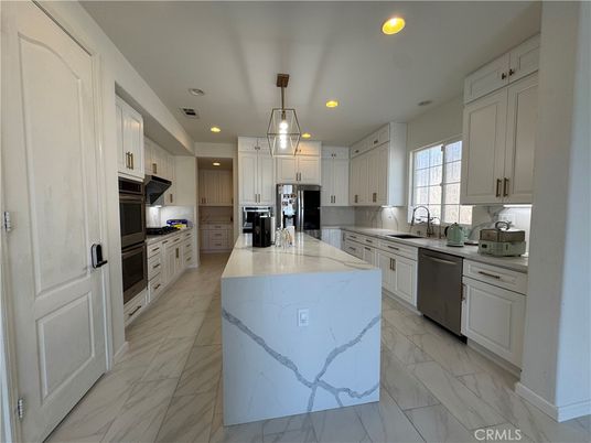Interior, Kitchen, Marble, Pendant Lights, Recessed Lighting, Stainless Steel Appliances