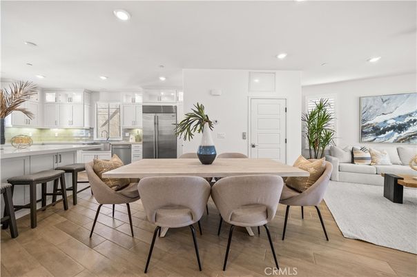 Dining room, Interior, Kitchen, Living room, Recessed Lighting, Stainless Steel Appliances, Wood Texture Flooring