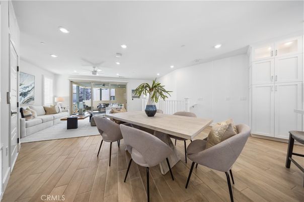Dining room, Interior, Living room, Recessed Lighting, Wood Texture Flooring
