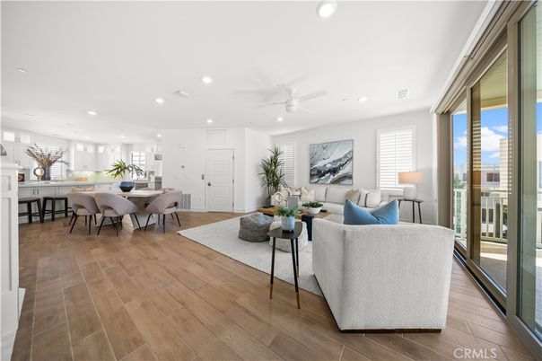 Dining room, Interior, Kitchen, Living room, Recessed Lighting, Wood Texture Flooring