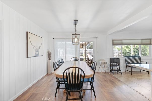 Dining room, Interior, Pendant Lights, Wood Texture Flooring