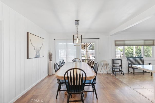 Dining room, Interior, Pendant Lights, Wood Texture Flooring