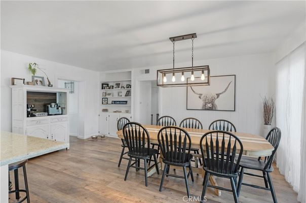 Dining room, Interior, Pendant Lights, Wood Texture Flooring