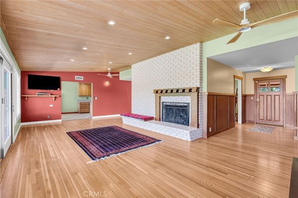 Empty room, Fireplace, Interior, Recessed Lighting, Wooden Ceilings, Wood Texture Flooring