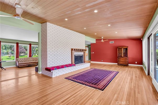 Empty room, Fireplace, Interior, Recessed Lighting, Wooden Ceilings, Wood Texture Flooring