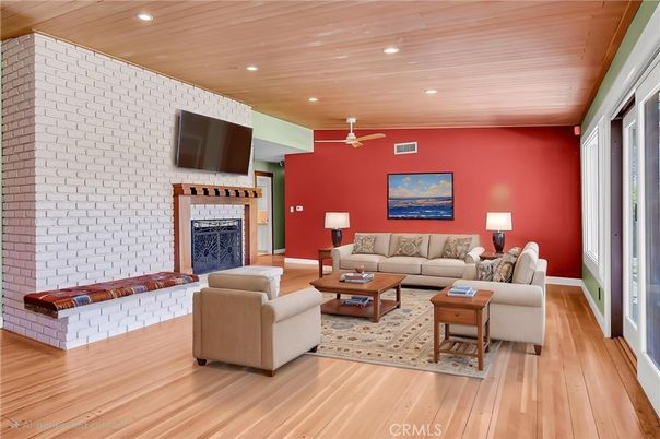 Fireplace, Interior, Living room, Recessed Lighting, Stone Walls, Wooden Ceilings, Wood Texture Flooring